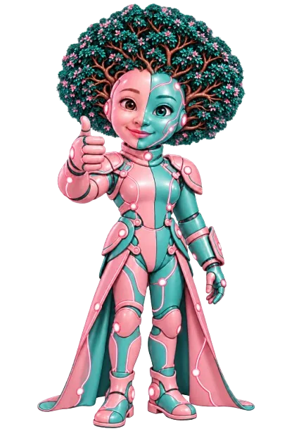 Pink and teal AI mascot in a futuristic costume giving a thumbs up