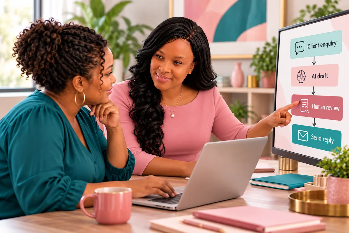 Consultant and owner reviewing a client enquiry, AI draft, human review and reply workflow