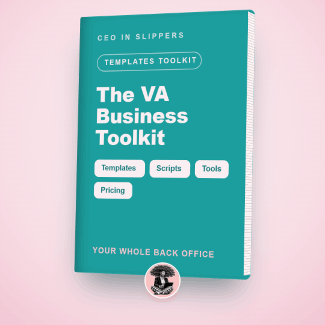 Toolkit cover on starting a virtual assistant business, templates and pricing for women, CEO In Slippers